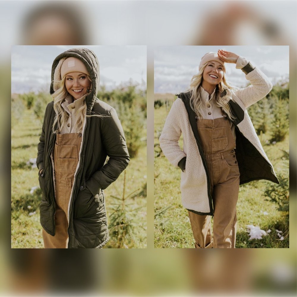 "The Duchess" Reversible Sherpa Coat - Olive - XL